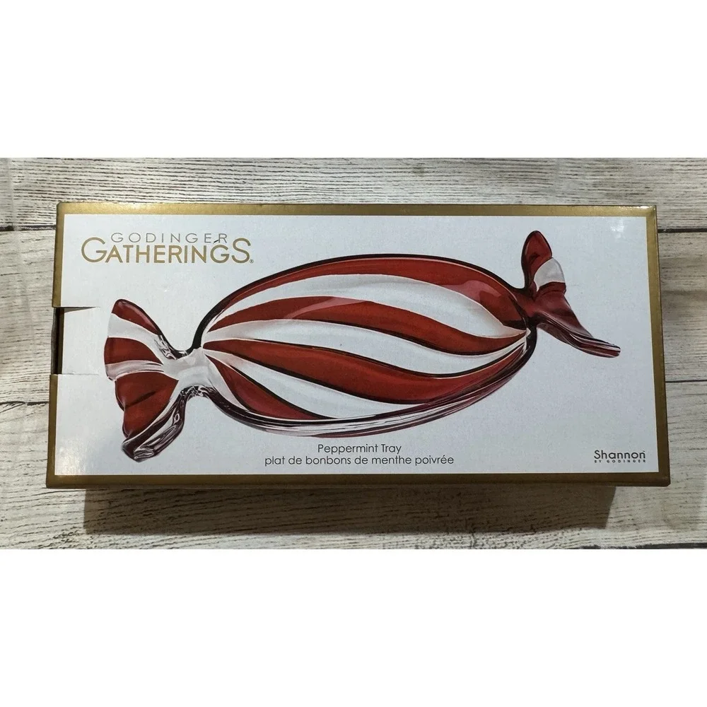 NIB Godinger Gatherings Candy Dish Peppermint Tray Crystal Christmas Red Tub18